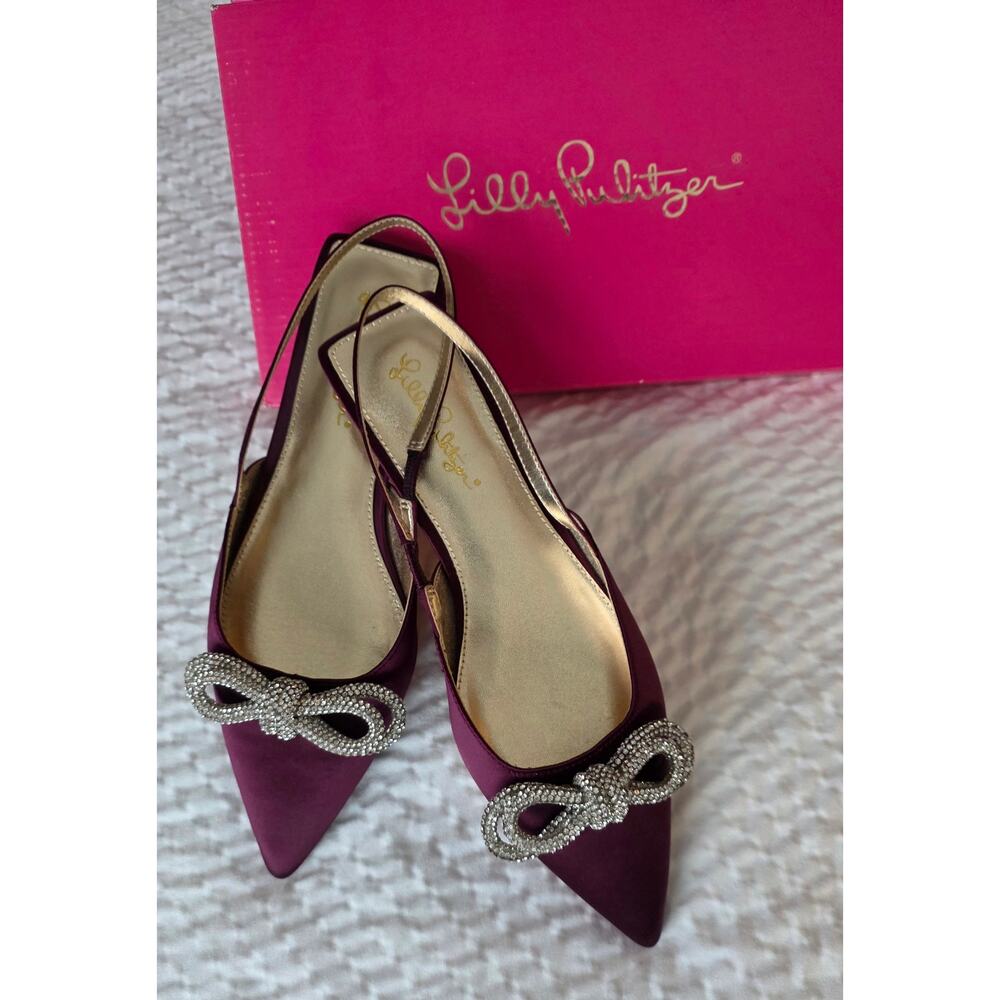 NIB Lilly Pulitzer Brit Slingback Flats Amarena Cherry Rhinestone Bow 7.5M